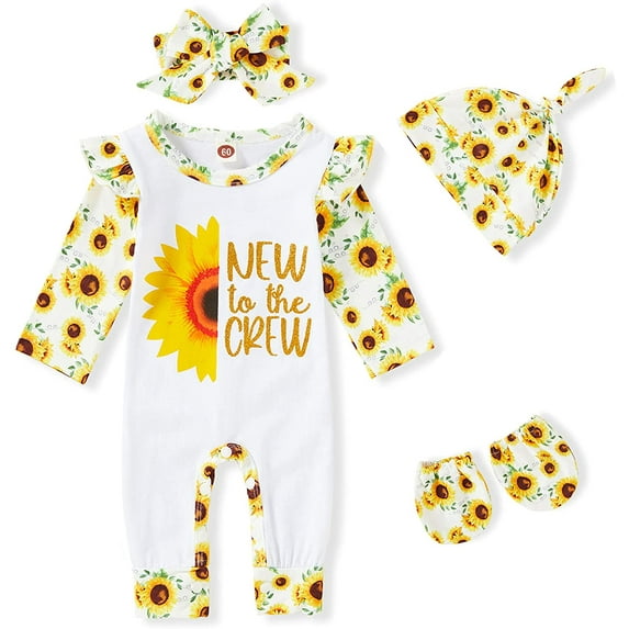Babibeauty Newborn Baby Girl Romper Infant Letter Print Bodysuit Jumpsuit+Hat+Headband Coming Home Clothes Outfit (Yellow,1-3 Months)