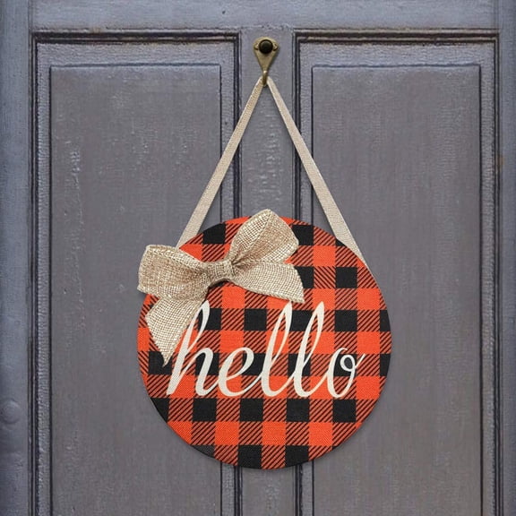 Babibeauty Orange Buffalo Check Plaid Burlap Hello Sign Door Hanger - Fall Wreath for Autumn Halloween Thanksgiving Farmhouse Decorations