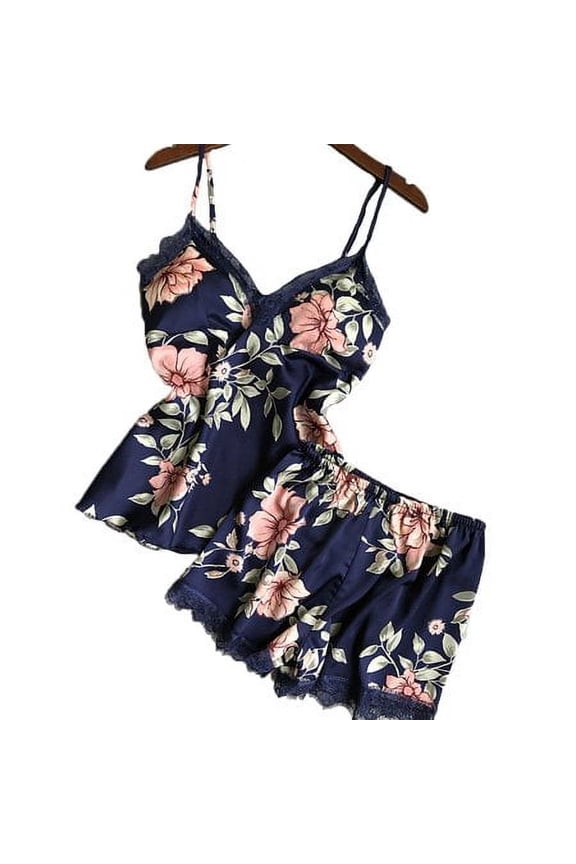 Women Satin Silk Sleepwear Lace V Neck Tops + Long Pants Pyjamas Set