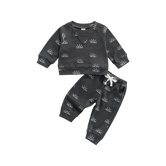 Babies Casual Two-piece Clothes Set Sun Printed Pattern Round Collar Pullover and Elastic Waist Pants