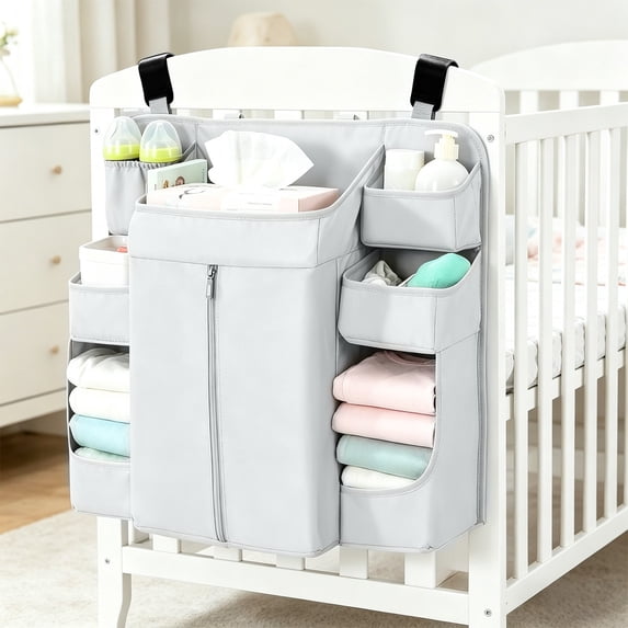 Crib Organizer Hanging Storage Rack - Washable Oxford Fabric Nursery Caddy with Diaper & Bottle Pockets