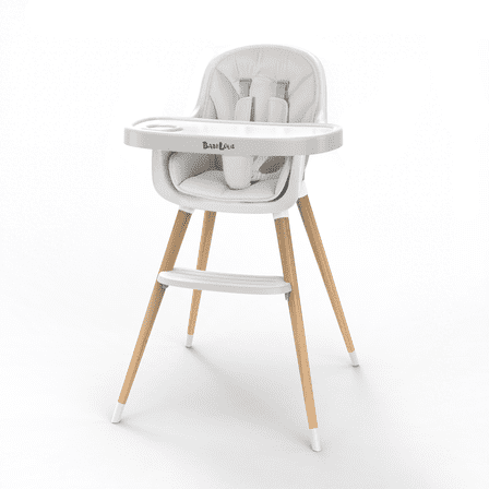 Babilous Baby High Chair, Wooden Highchair with Removable Tray, Adjustable Legs, Cushion, 5-Point Harness and Footrest for Infants, Baby, Toddlers, Gray