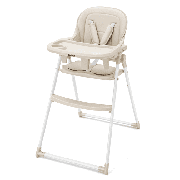 Babilous Foldable High Chair for Babies and Toddlers – Portable, Convertible High Chairs with Adjustable Tray, 5-Point Harness, and Easy-to-Clean Design, Beige