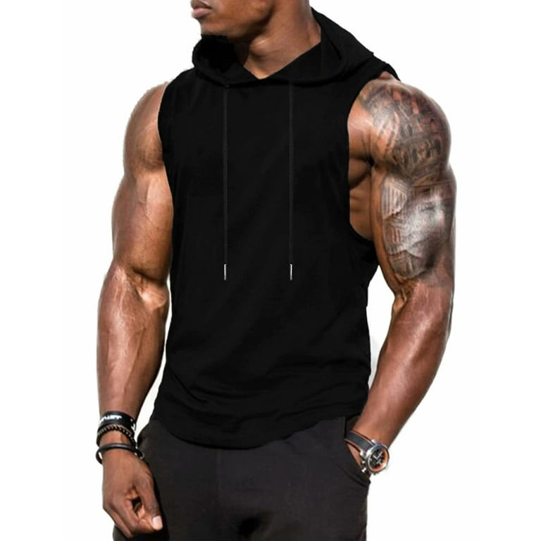Babioboa Men's Loose Fit Running Hooded Tank Tops Basketball Cut Off Hoodie  Sleeveless Workout Muscle Hoodies(Black X-Large)