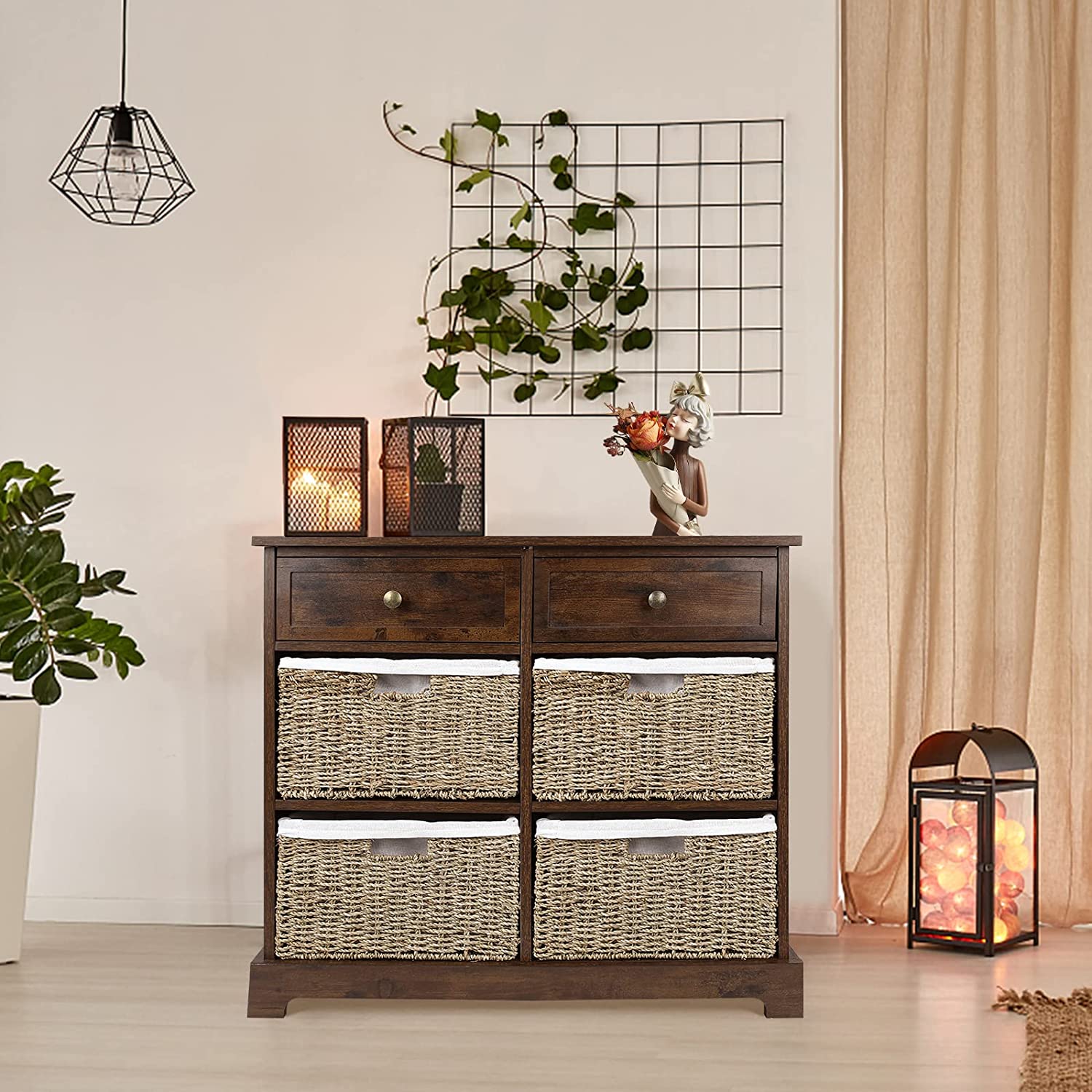 Babion White Wicker Basket Storage Tower Farmhouse Storage with 1 Drawers and 3 Wicker