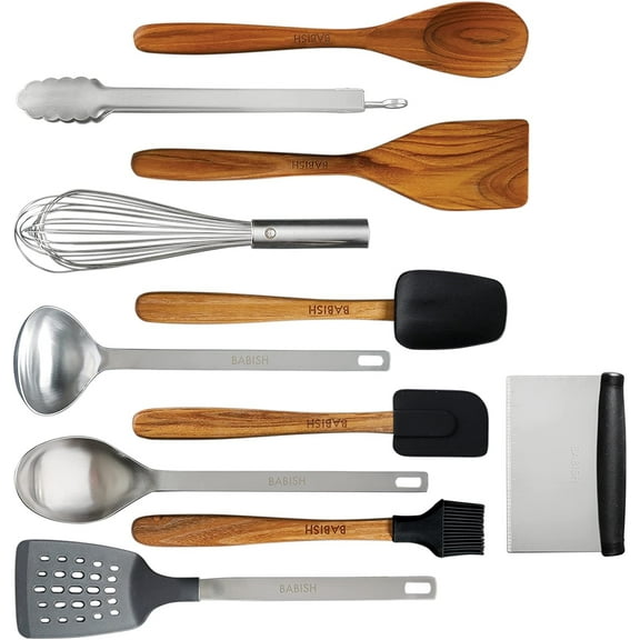 Babish 11 Piece Essential Wood, Silicone, and Stainless Steel Tool Set