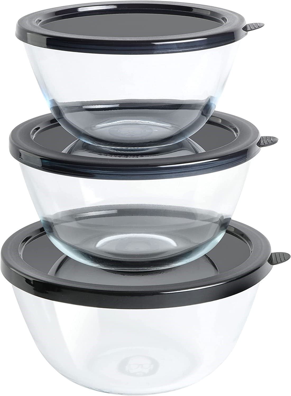 Durable Clear Glass 3-Piece Mixing Bowl Set with Black Lids