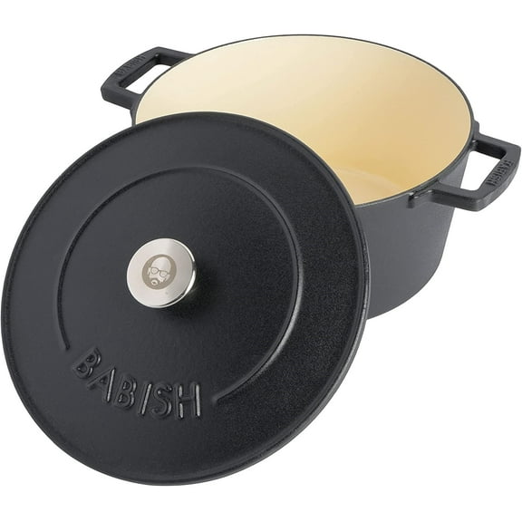 Babish 6 Qt Round Enameled Cast Iron Dutch Oven w Self-Basting Lid in Black