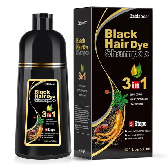 Bablabear Black Hair Dye Shampoo for Gray Hair, Semi-Permanent Hair Color Shampoo for Women and Men, Herbal Ingredients, 3 in 1 100% Grey Coverage.Lasts 30 Days/16.9fl oz/Natural herbal Ingredients