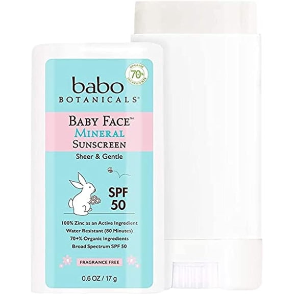 Babo Botanicals Baby Face Mineral Sunscreen Stick SPF 50 with 70+% Organic Ingredients & Zinc Active Water-Resistant, Reef-Friendly & Fragrance-Free 0.6 oz, 1-Pack, 8065AMZ
