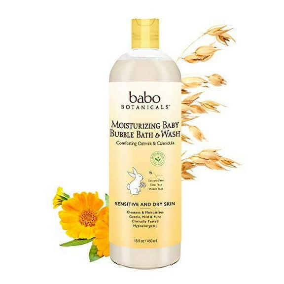 Babo Botanicals Moisturizing Plant-Based 2-in-1 Bubble Bath & Wash - with Organic Calendula & Natural Oat Milk - For Babies, Kids & Adults with Sensitive Skin - Hypoallergenic & Vegan - 15 oz