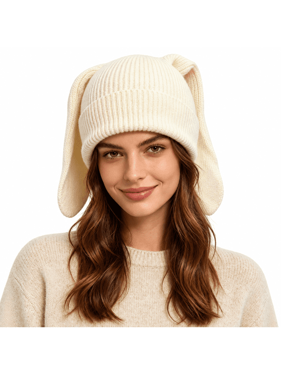 Knit Beanie Hats Cute Bunny Long Ears Funny Hat Fluffy Winter Cap Warm Bunny Crochet Skull Cap