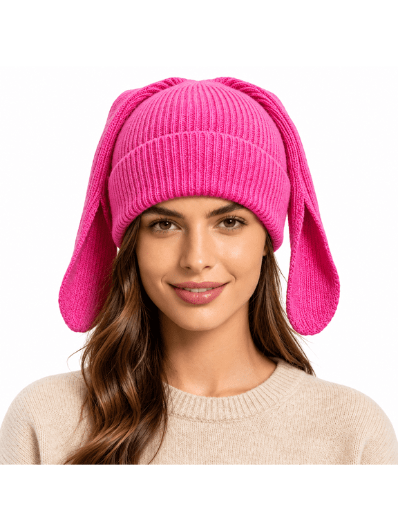 Knit Beanie Hats Cute Bunny Long Ears Funny Hat Fluffy Winter Cap Warm Bunny Crochet Skull Cap