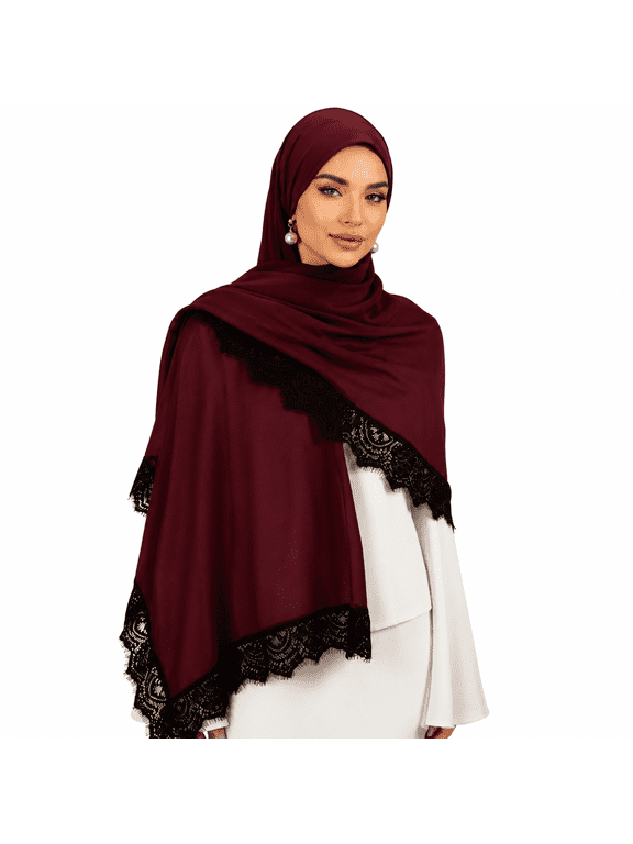 Women's Elegant Lace Trim Hijab Scarf Lightweight Soft Headscarf Shawl Wrap for Wedding Party Formal Occasions