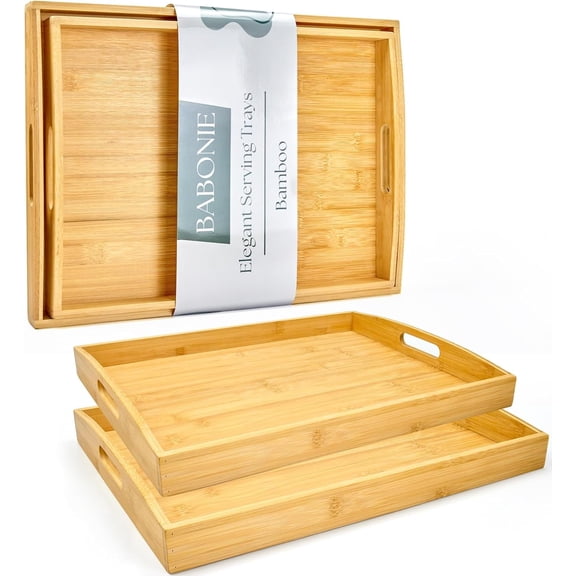 Babonie Rectangular Natural Bamboo Serving Trays with Cutout Handles, Set of 2, 17x13 Inch and 16x12 Inch