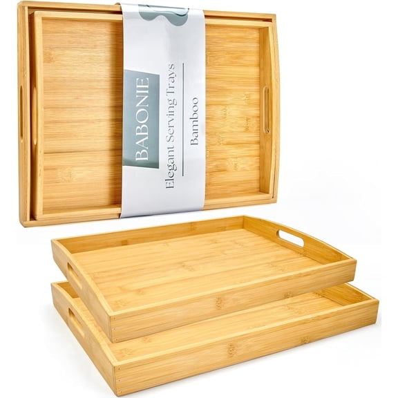 Babonie Rectangular Natural Bamboo Serving Trays with Cutout Handles, Set of 2, 17x13 inch and 16x12 inch