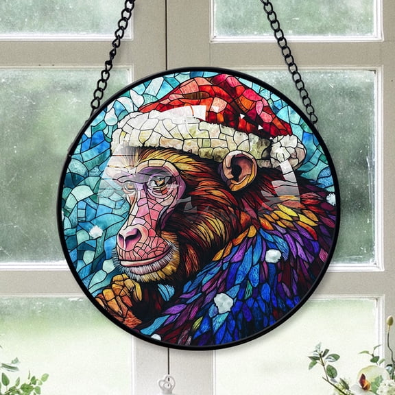 Baboon Ornament Christmas 2025, Baboon Stained Glass Hanging Window Art  Vintage-Inspired Glass Panel for Elegant Home Decor