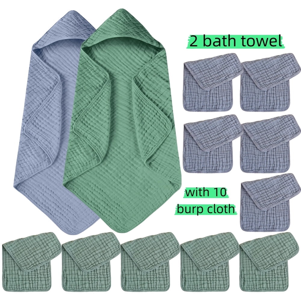 Baby 100% Cotton Bath Towel & Burping Towel Set - 12 Pieces (Including 2 Hooded Bath Towels & 10 Burping Towels), Highly Absorbent, Skin-Friendly & Gentle, Multi-Use as Wrap, Swaddle & Spit-Up Towel