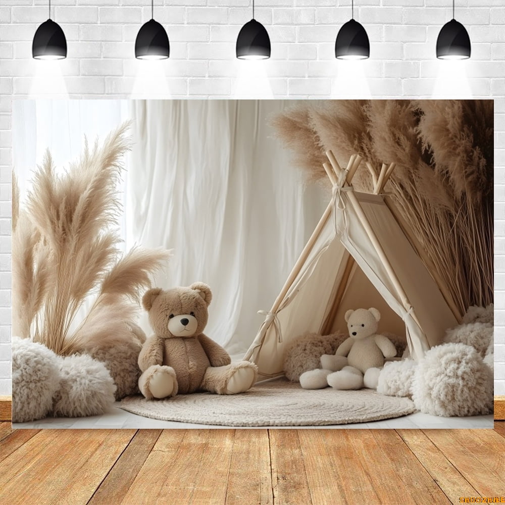 Baby 1st Birthday Backdrop Bohemian Pampas Toy Bear Brown Arch Balloon ...