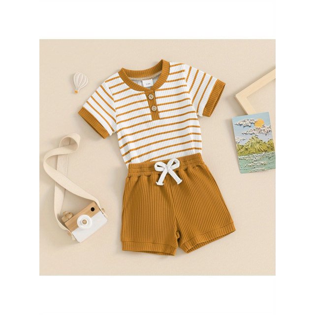 Baby 2 Piece Outfits Summer Striped Short Sleeve Romper and Elastic