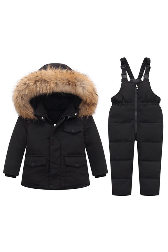 Baby 2 Piece Snowsuit Set - Toddler Girl Boy Winter Puffer Jacket and Ski Bibs Pants Sets - Unisex Kids Ski Suits Long Sleeve Hooded Down Coat Snow Pants for Outdoor Snowboarding by Llywey ,Black ,2T