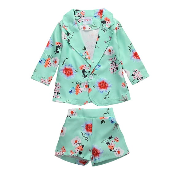 Baby 2Pcs Summer Outfits, Floral Printed Lapel Long Sleeves Coat + Shorts