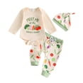 thumbnail image 1 of Baby 3-Piece Vegetable Print Outfit Long Sleeve Farmerâs Market Bodysuit Jogger Pants Knotted Hat Soft Casual Matching Clothing Set for Boys Girls(Orange,6-9 Months), 1 of 9