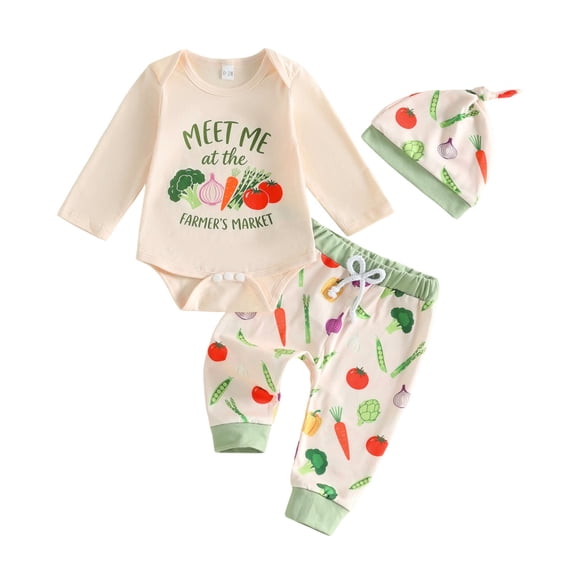 Baby 3-Piece Vegetable Print Outfit Long Sleeve Farmerâs Market Bodysuit Jogger Pants Knotted Hat Soft Casual Matching Clothing Set for Boys Girls(Orange,6-9 Months)