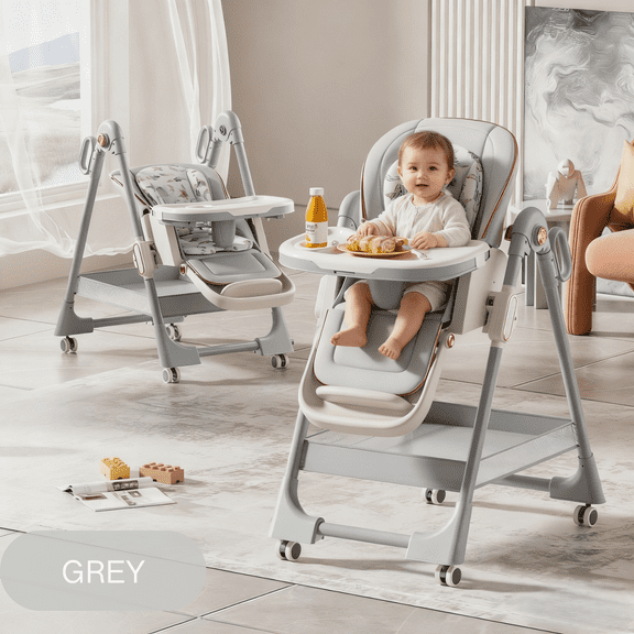 Baby 3 in 1 High Chairs,Baby Portable Folding Dining Chairs for 6 Months for Baby and Toddlers,Adjustable Height,PU leather,Pipe Material,Unisex,Grey