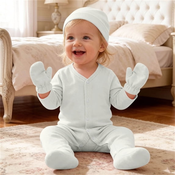 Baby 4-Piece Long Sleeve Bodysuit Set Matching Mittens Hat Included complete going-home outfit for newborns 0-1 Year White 6-12Months