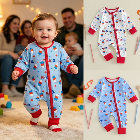 Baby 4th of July Romper Patriotic Print Long Sleeve Jumpsuit with Full-Zip USA Star Pattern Casual Outfit White 3-6 Months