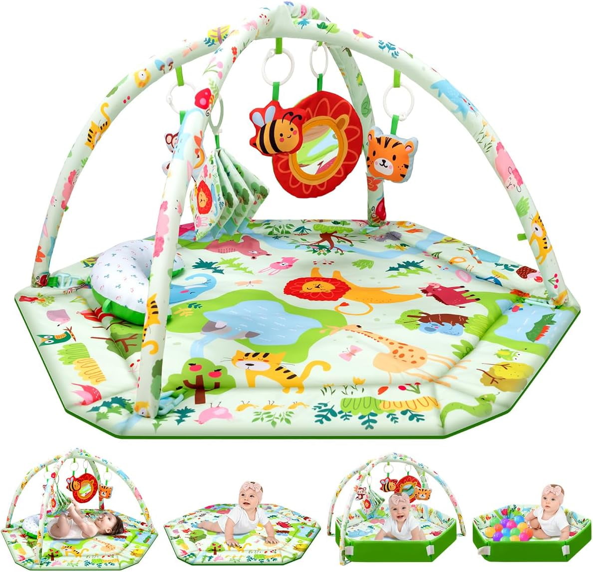 Baby Activity Gym & Play Mat with 6 Detachable Toys-Activity Gym for Visual, Auditory & Motor Development-Washable Baby Activity Mat for 0-12 Month Infants(Animal Theme)