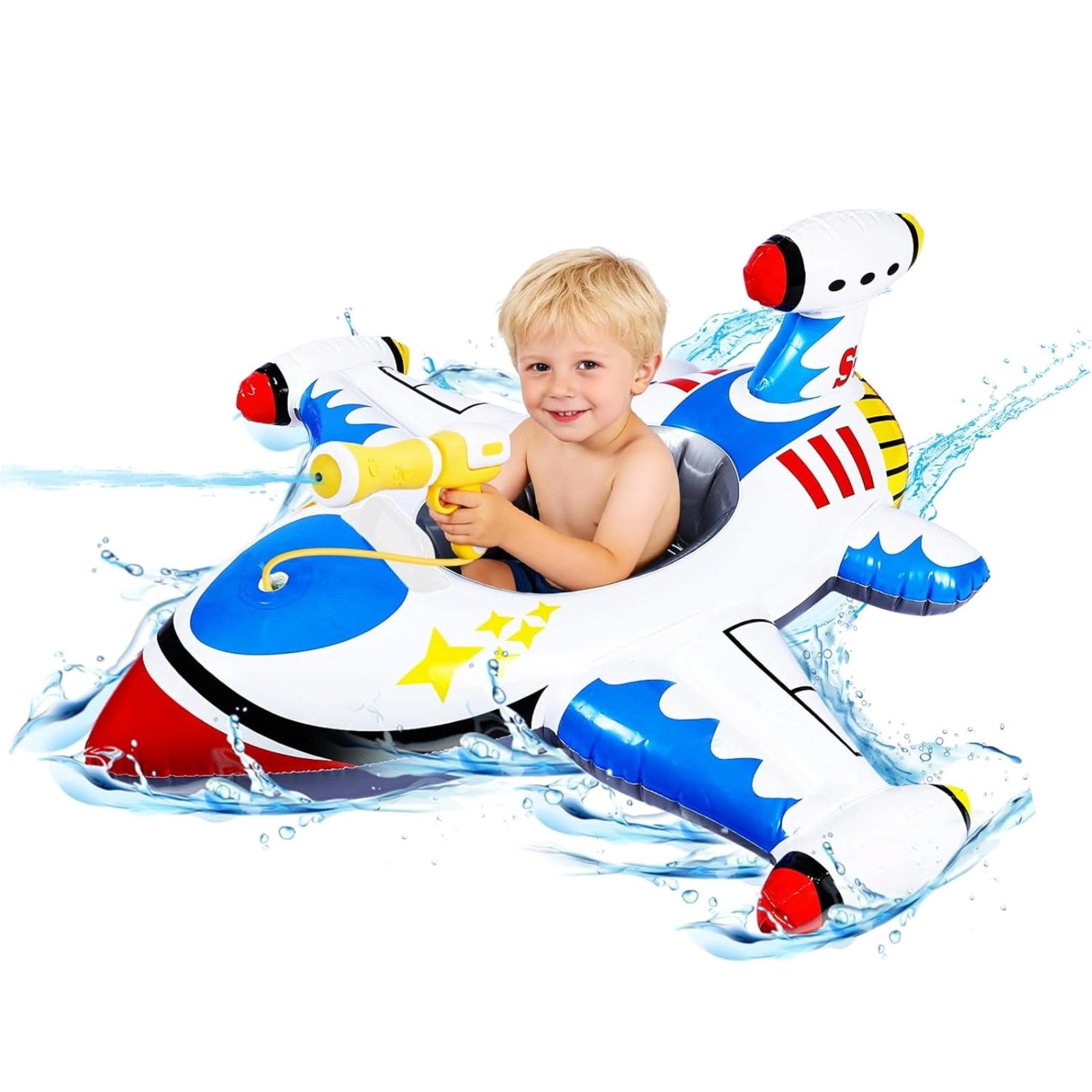 Baby Airplane Pool Float with Handle & Squirt Gun Baby Swim Float Swimming Pool Float Kids Toddler Floaties Toddler Pool Float Age 1-4 Boys Girls Inflatable Ride-ons Pool Beach Toys Airplane Gun