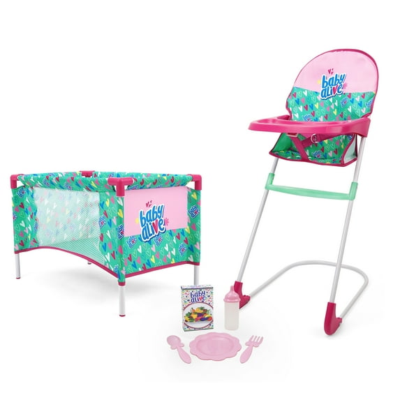 Baby Alive: At Home Set - 7pcs - Green, Pink, Hearts - Play Yard, Highchair, Feeding Accessories, Playset For Dolls Up To 18", Kids Toy, Ages 3+