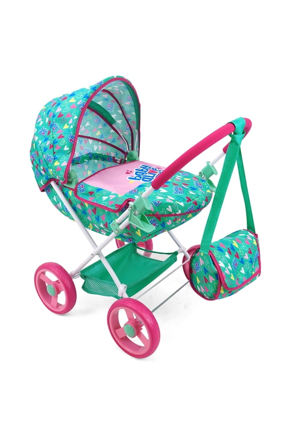 : Deluxe Classic Doll Pram - Green, Pink, Hearts - Accessory For Dolls Up To 18", Matching Shoulder Bag, Foldable, Storage, Kids Toy, Age 3+
