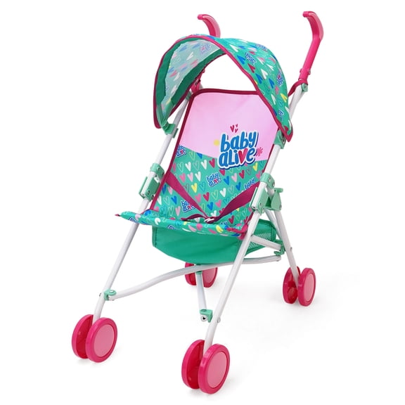 Baby Alive: Doll Umbrella Stroller - Green, Pink, Hearts - Accessory For Dolls Up To 24", Foldable Design, Retractable Canopy, Kids Toy, Ages 3+