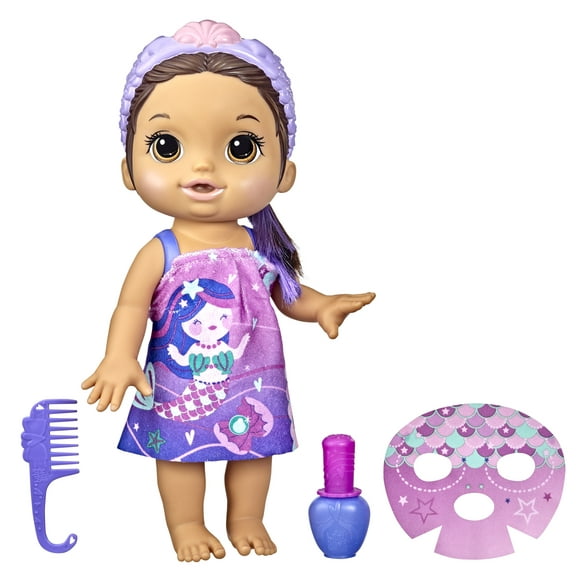 Baby Alive Glam Spa Baby Doll, Mermaid, Color Reveal Nails and Makeup, Kids 3 and Up, Brown Hair