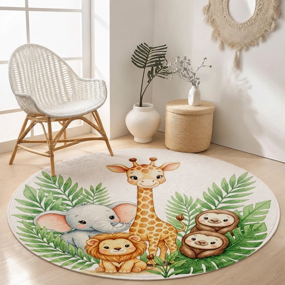 Baby Animal Round Velvet Area Rug Kids Room Soft Plush Giraffe Elephant Lion Pattern Nursery Decor SPXUBZ 31.5"×31.5"