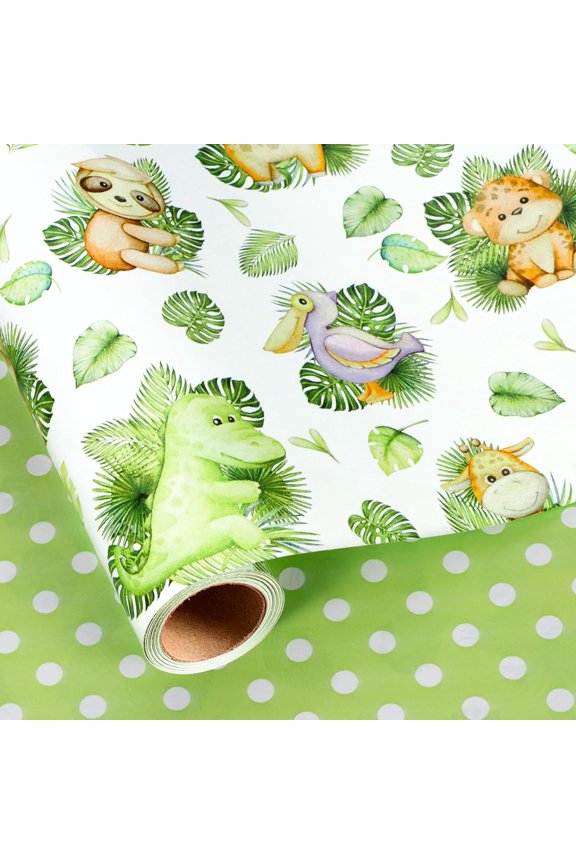 Baby Animal Wrapping Paper, Jungle Baby Shower Wrapping Paper Neutral, Cute Safari Giraffe, Koala, Dragon Theme Gift Wrap for Kid 1st Birthday, Party Decor, Gender Reveal (17 In X 16.5 Ft)