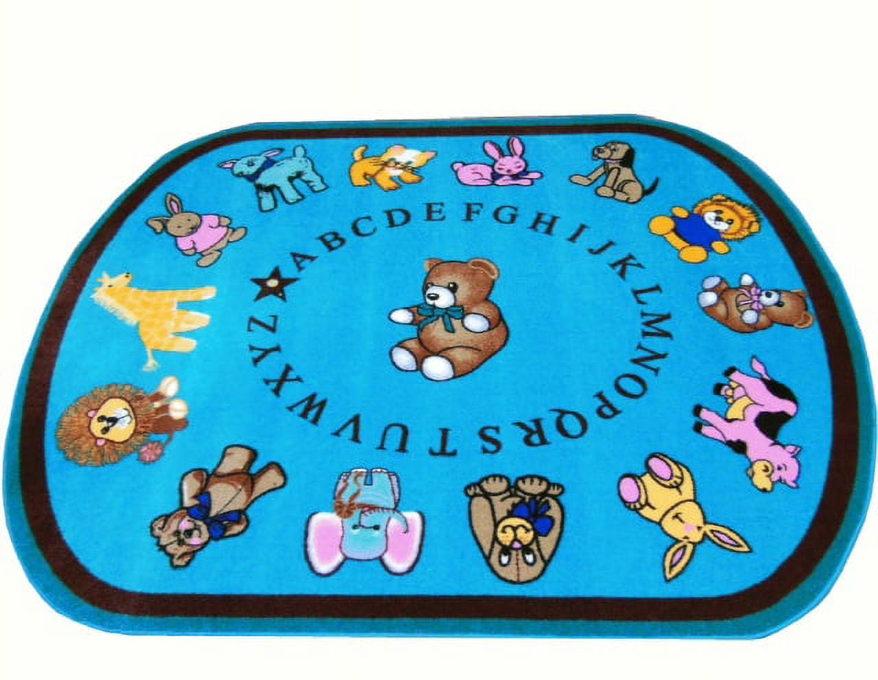 Oval Blue Synthetic Kids Area Rug with Baby Animal Design