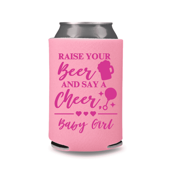 Baby Announcement Can Cooler, Raise Your Beer And Say A Cheer, Welcoming Baby Girl Beer Coolie, Gender Reveal Party, Gifts and Favor Ideas