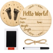 Kaleduo Baby Announcement Sign, 5.9 Inch Round Wooden Birth Sign with Ink Pad,  Hello World  Newborn Photo Prop with Hand & Footprint Keepsake Kit