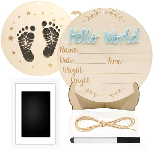 Baby Announcement Sign, 5.9 Inch Round Wooden Hello World Newborn Signs ...