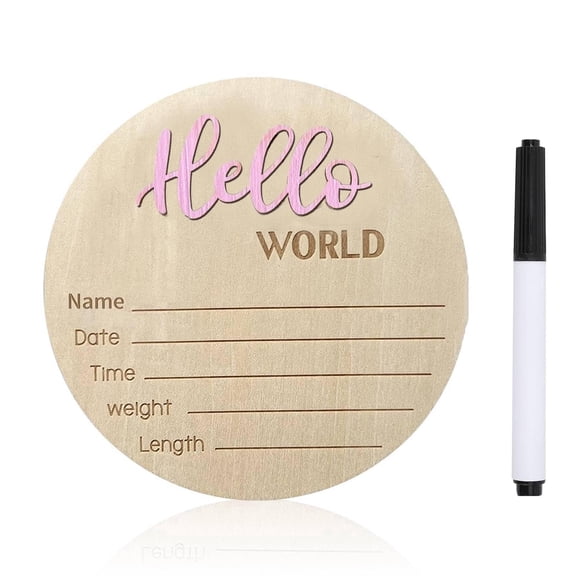 Baby Announcement Sign, 5.9 Inch Wooden Hello World Newborn Signs, Birth Announcement Sign, Baby Shower Hospital Nursery for Newborn Boys and Girls (Light Pink