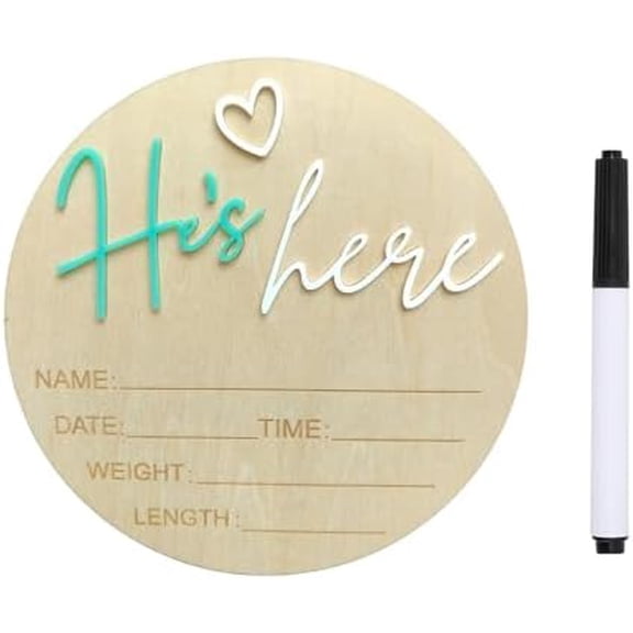 Baby Announcement Sign, 5.9 Inch Wooden Hello World Newborn Signs, Birth Announcement Sign, Gender Reveal Signs, He's here Decoration, Welcome Newborn Arrival To World (He's,Green-A)