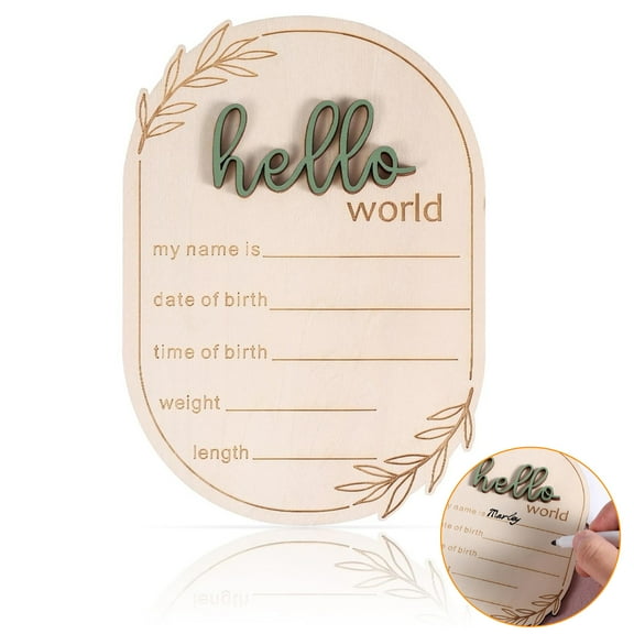 Baby Announcement Sign, 5.91x4.13 Inch Wooden Hello World Baby Name Sign Newborn Announcement Sign Birth Announcement Plaque for Home Hospital Nursery