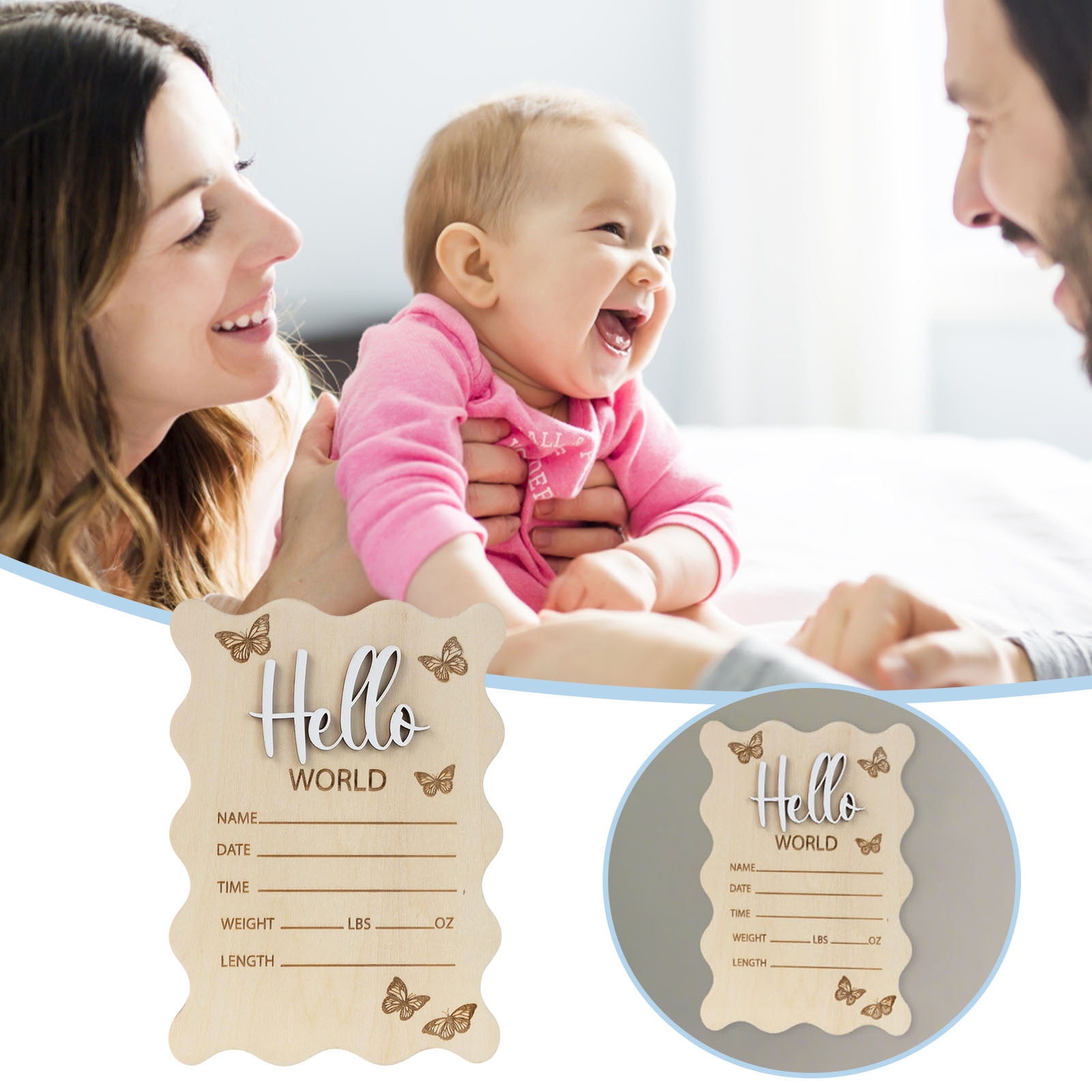 Hello World Baby Announcement Sign – Door-Shaped Wood Plaque With 3D Butterfly & Flowers For Newborn Photos