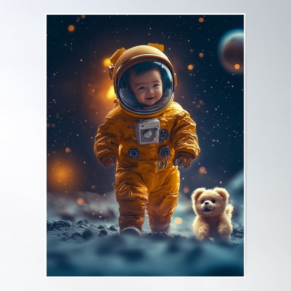 Baby Astronaut With Plush – Adorable Cosmic Adventure Poster Wall Art, Modern Wall Decor, 12x18 UNFRAMED