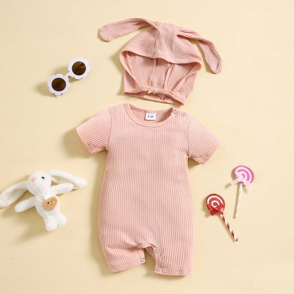 Baby Baby Boy Girl Easter Outfits Romper Bodysuit Cotton Cute Bunny Bodysuit With Rabbit Ears Hat Spring Matching Clothes for Baby 0-18 Months