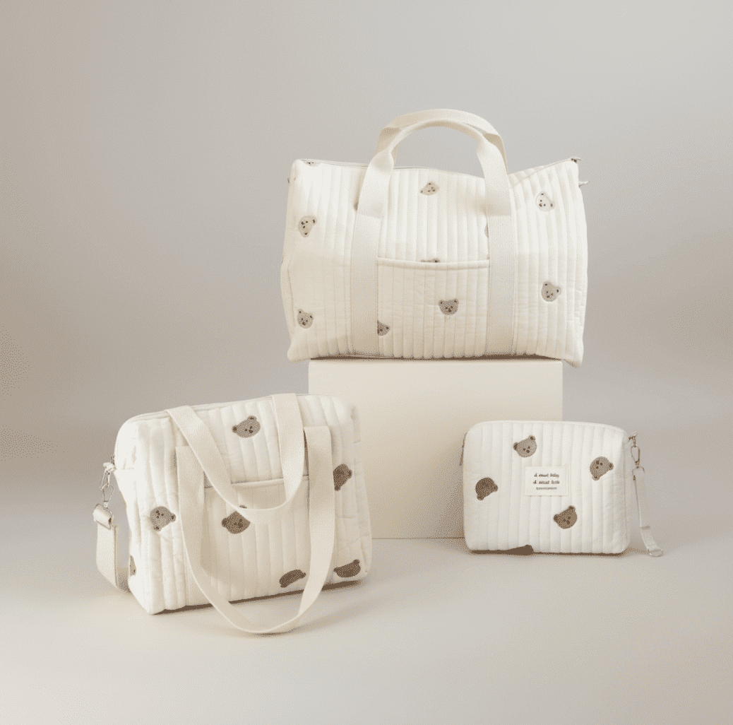 Set of 3 (TRAVEL BAG + STROLLER BAG + POUCH FULL BEARS)  - Baby Bag Set 100% Cotton Bear Print